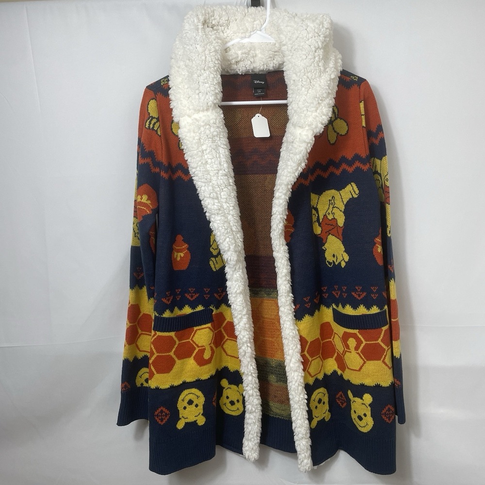Kidcore Winnie The Pooh Fair Isle Sherpa Open Cardigan Sweater Knit Size L